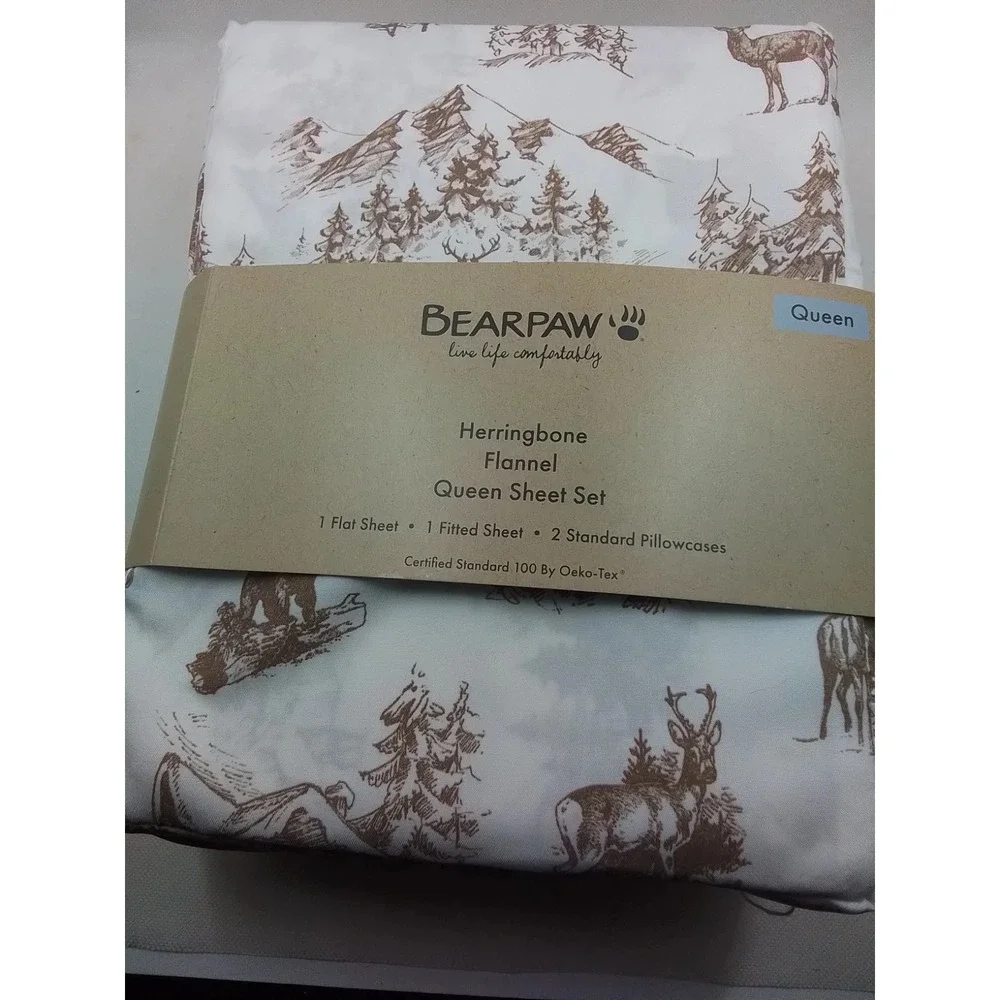 Queen Flannel Sheets-Bear Paw-Queen‎ Size Fitted Set-Herringbone-Woodland